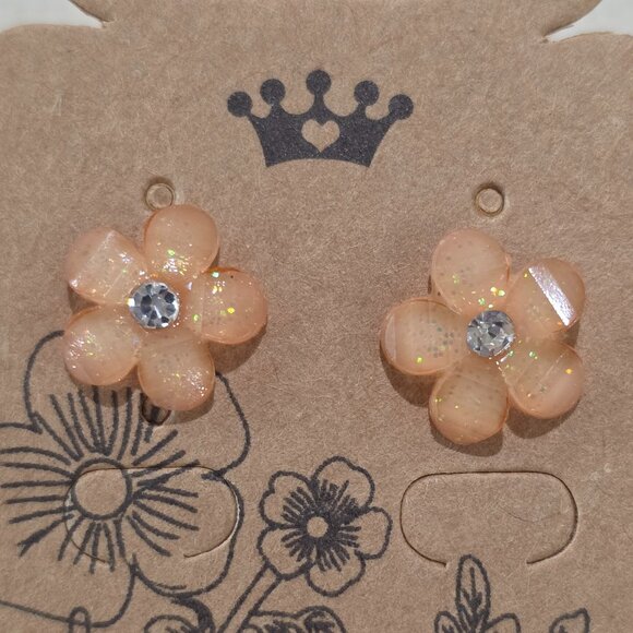 NOS Glitter Peach Faceted Petal Center Rhinestone Flower Stud Pierced Earrings - Picture 7 of 11